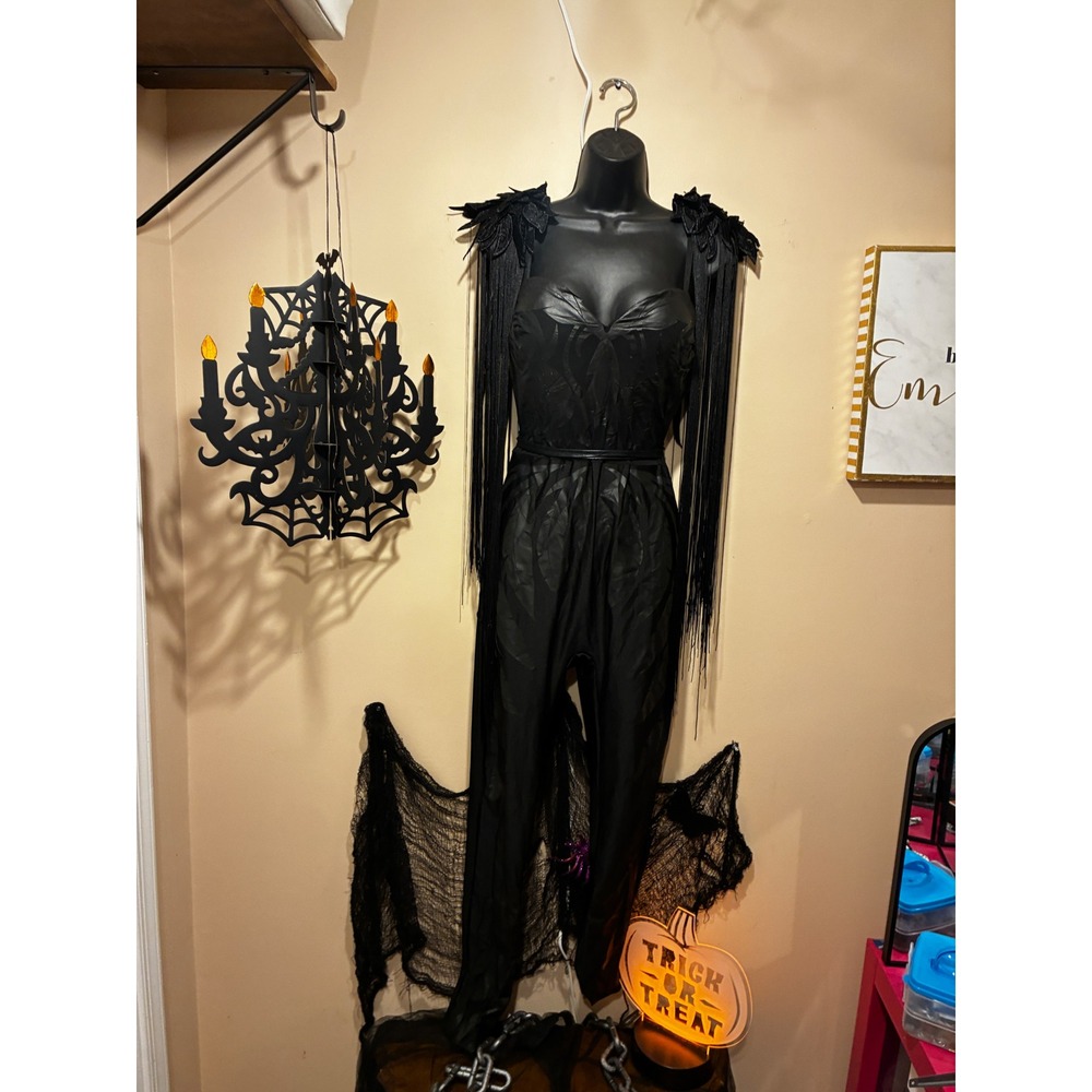 Unbranded Dark Fairy Jumpsuit Gothic Whimsigoth Fringe Feather Med 8-10 Black